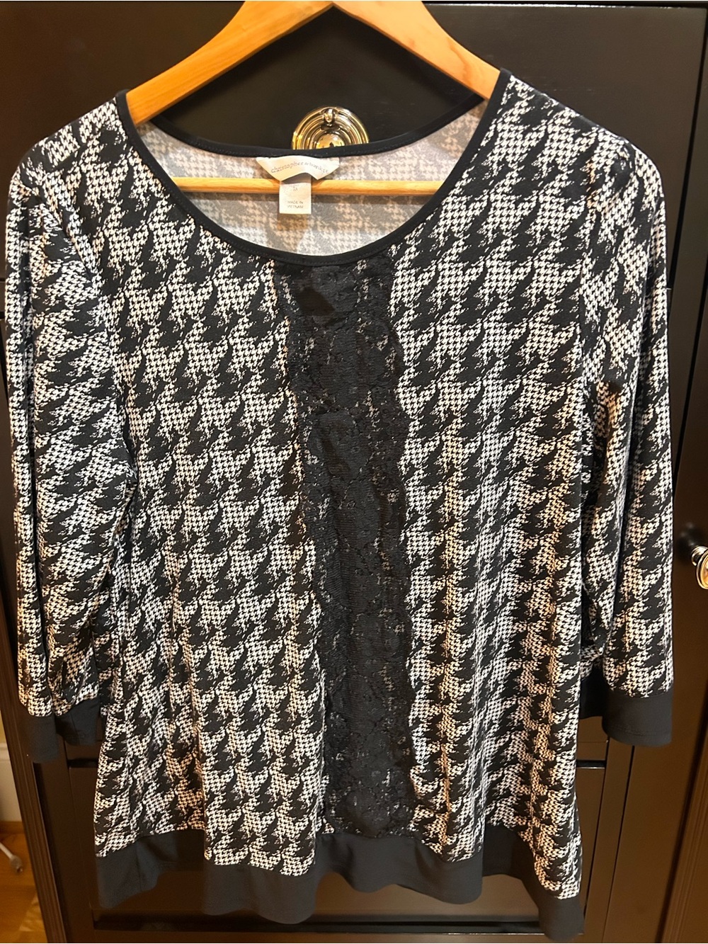 Christopher & Banks Black and White Houndstooth Lace-Trim Blouse